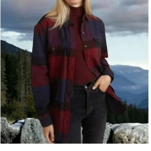MARINE LAYER Women's Riley Plaid Flannel Overshirt Red/Blue Size Extra Large - Picture 2 of 11